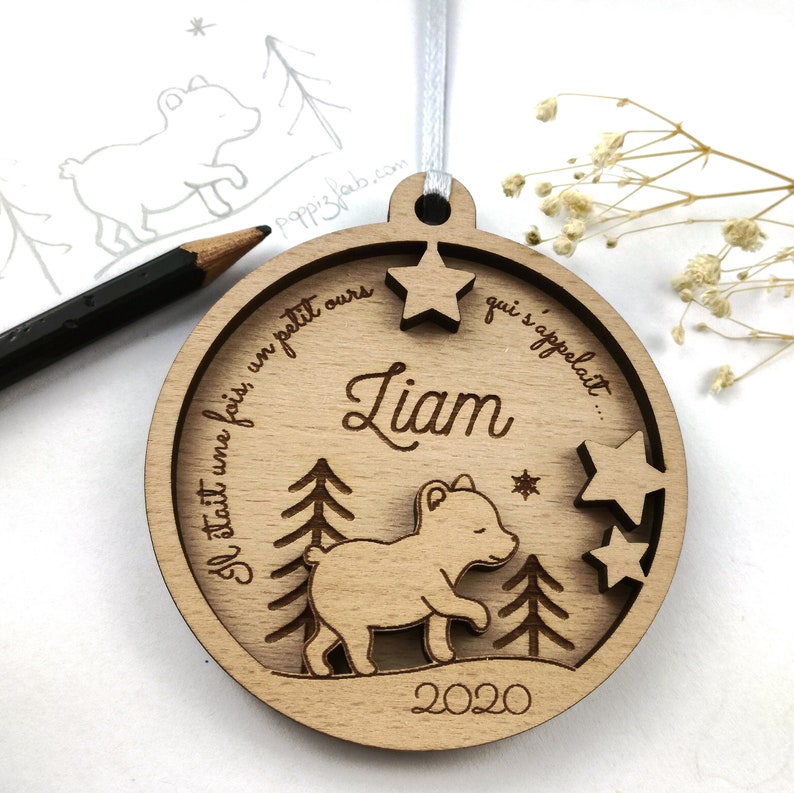 Personalized wooden bear Christmas ball Baby's 1st Christmas Personalized ornament, Christmas decoration image 1
