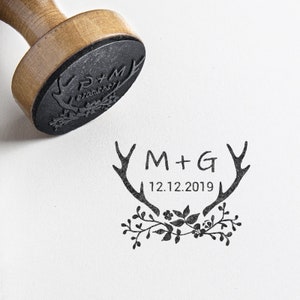 Tampon mariage personnalisé - Bois de cerf, feuillage, Champêtre, initiales