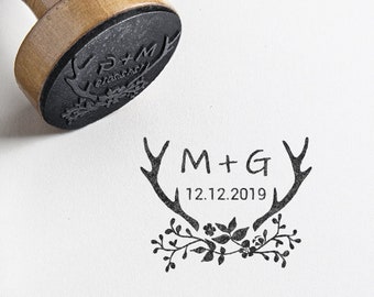 Personalized wedding stamp - Deer antlers, foliage, Country, initials