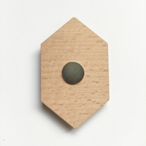 May include: A hexagonal wooden magnet with a silver circular magnet in the center.