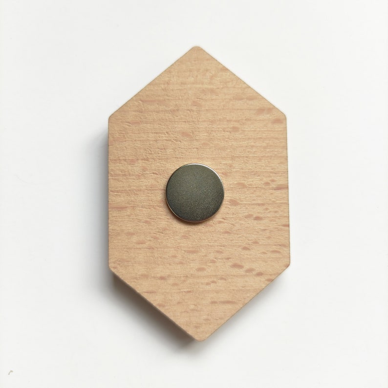 May include: A hexagonal wooden magnet with a silver circular magnet in the center.