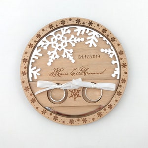 Snowflake wooden wedding ring holder, winter wedding