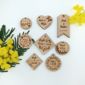 Wedding wooden labels, engraved label, country label, heart, dragees decoration, baptism label