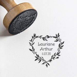 Tampon mariage personnalisé - Coeur et feuilles