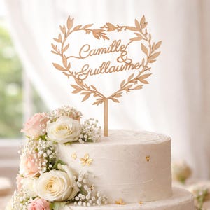 Gepersonaliseerde bruidstaarttopper - Bloemenhart - Hout / plexiglas