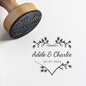 Tampon mariage personnalisé - Coeur clochette champêtre
