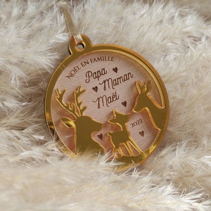 Boule de Noël personnalisée bois Famille cerf, biche, faon Noël en famille Plexi Or miroir