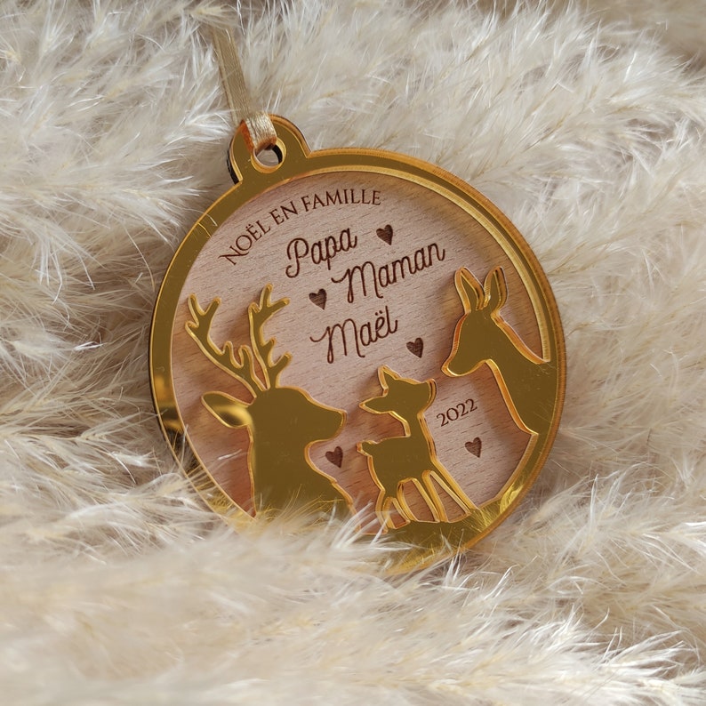 Personalized wooden Christmas ball Deer, doe, fawn family Family Christmas Plexi Or miroir