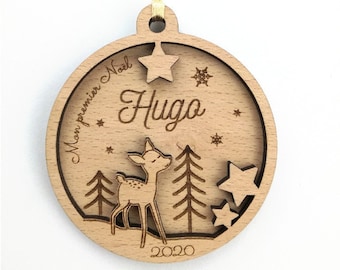 Personalized wooden fawn Christmas ball - baby's first Christmas (Personalized ornament, Christmas decoration)