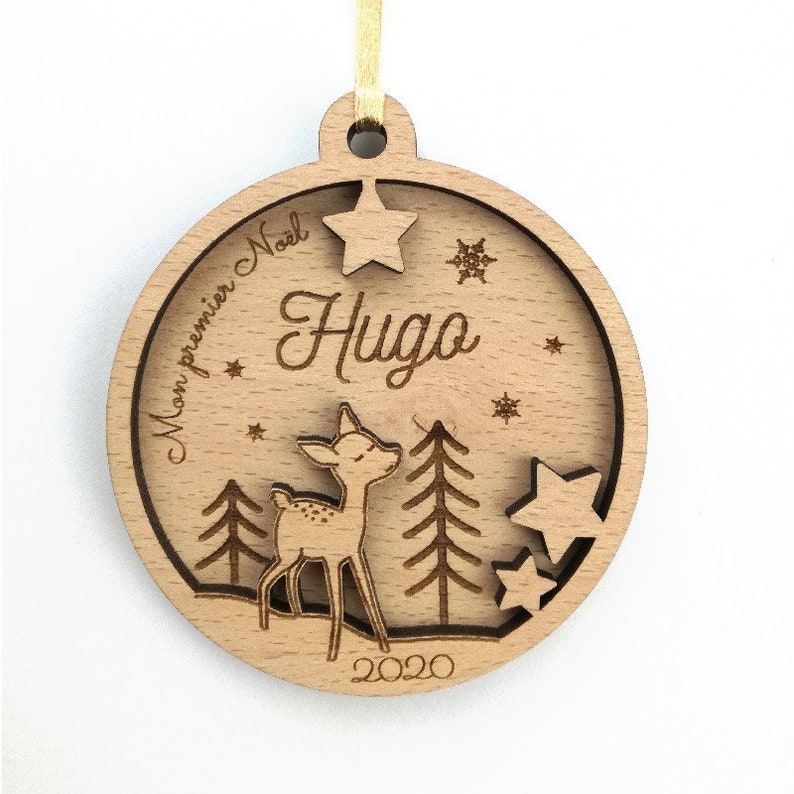 Personalized wooden fawn Christmas ball baby's first Christmas Personalized ornament, Christmas decoration image 1