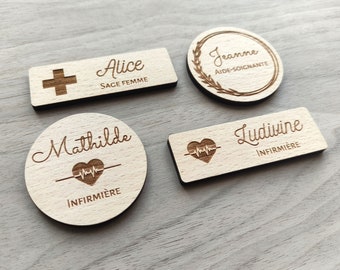 Badge en bois infirmière sage-femme aide-soignante, badge personnalisé