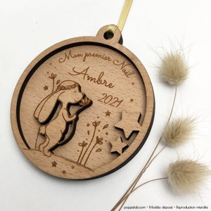 Boule de Noël lapin personnalisée bois  - Mon premier Noël (Ornement personnalisé, Décoration de Noël)