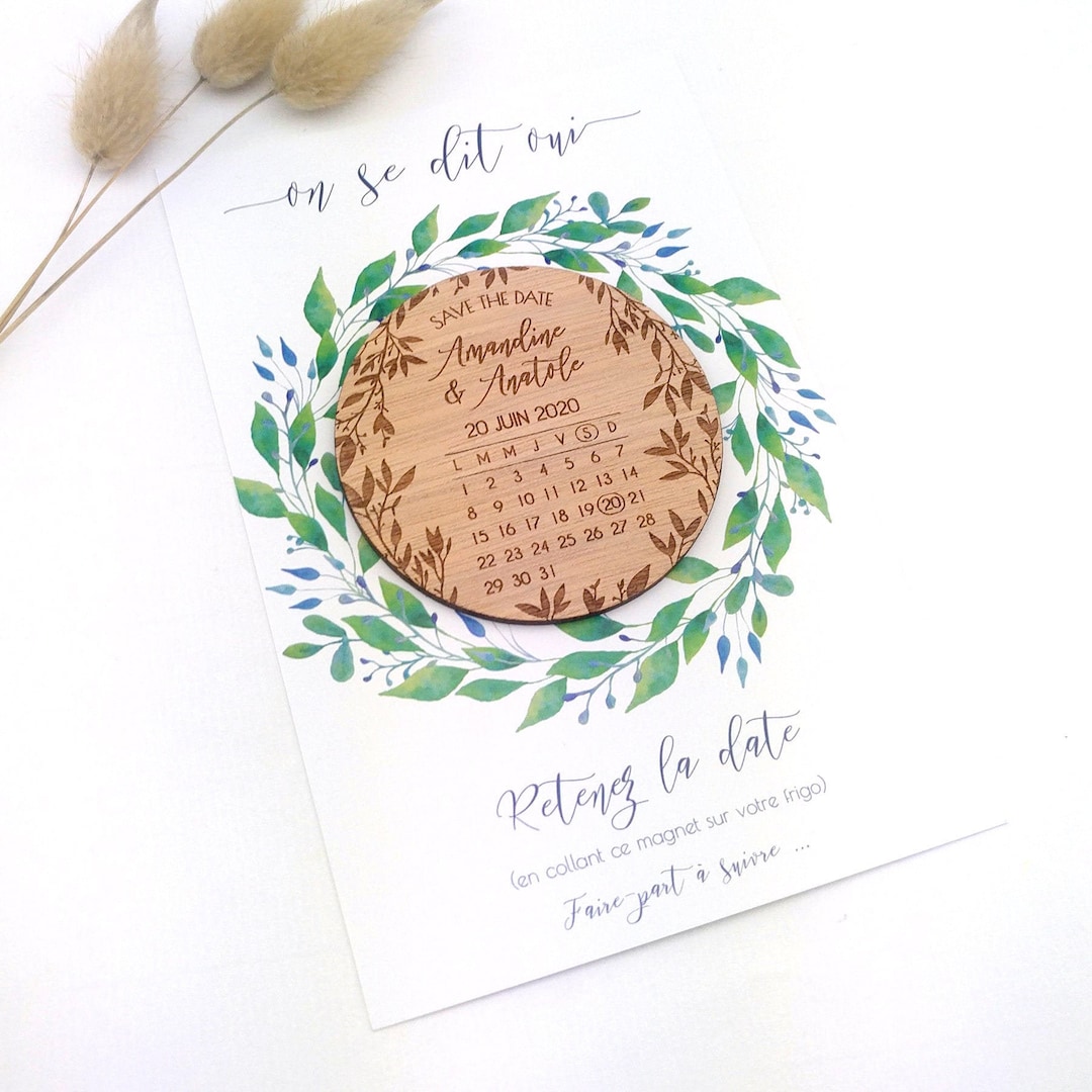 Magnet Save the Date en bois personnalisé - Thème champêtre bohème ...