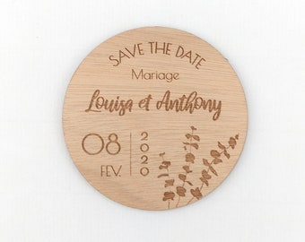 Magnet Save the Date en bois personnalisé - Thème champêtre bohème, eucalyptus - Change the date