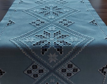 Vintage hardanger embroidered table runner, Light blue table topper, table dressing, table dress, table dresser scarf , Scandinavian (P1)
