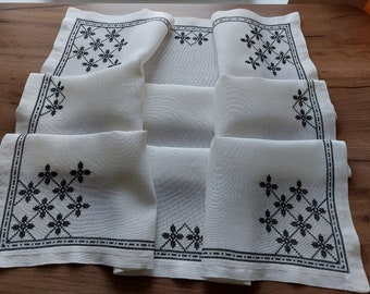 Hand embroidered white black small linen tablecloth, square white tablecloth, breakfast table tablecloth, Scandinavian design (P1)