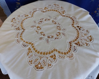 Vintage handmade embroidered square classic white tablecloth , retro tablecloth, Richelieu embroidery tablecloth , vintage interior (p2)