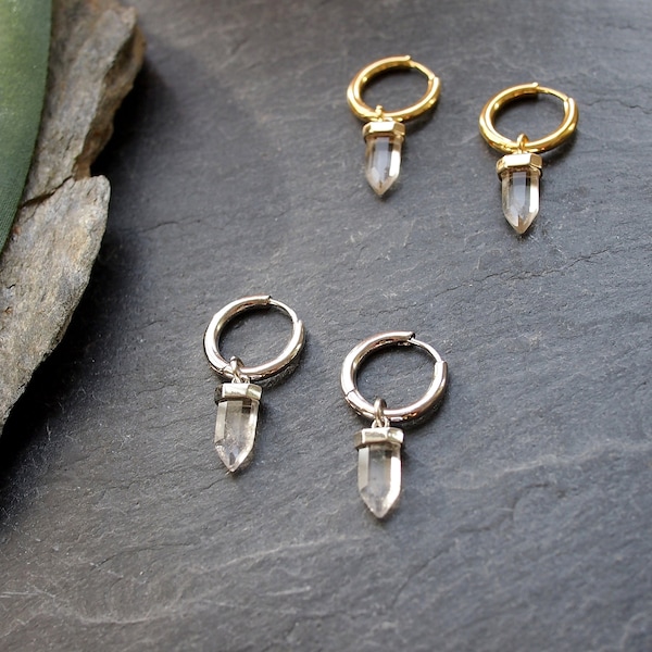 Rock crystal drop mini hoop earrings gold silver