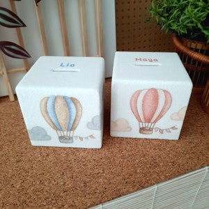 Spardose mit Namen sandbeklebt, Heißluftballon Spardose, Geschenk für Kinder, Geburtstagsgeschenk, personalisierte Geldbox