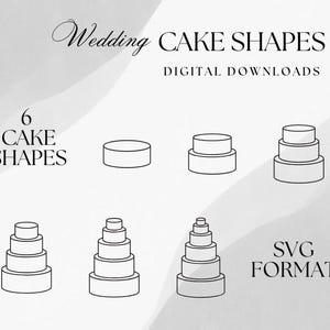 Puede incluir: Seis formas de pastel diferentes en contorno negro sobre un fondo blanco. El texto "6 CAKE SHAPES" está en la esquina superior izquierda. El texto "SVG FORMAT" está en la esquina inferior derecha. El texto "Wedding CAKE SHAPES" está en la parte superior de la imagen. El texto "DIGITAL DOWNLOADS" está debajo del texto "Wedding CAKE SHAPES".