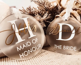 Bridal party frosted acrylic Coat hanger tags personalised acrylic plaque hanging bauble place name tags bridesmaid gifts