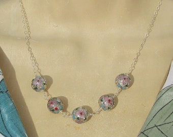 vintage silver cloisonne enamel necklace, 925 Sterling, hand painted blue pink floral beads, Artisan made beaded necklace, wire-wrapped