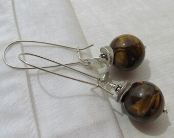 long silver Tiger Eye earrings, brown tiger's eye gemstones, bold artisan statement earrings, 925 Sterling Silver, unique bohemian dangles