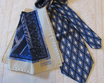 vintage unused Lanvin Paris silk necktie & pocket square, geometric silk men's tie handkerchief set, made in France, blue geometric design