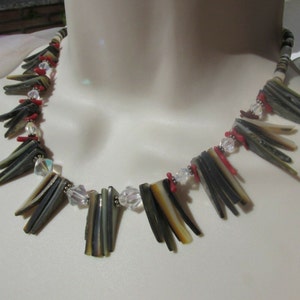 unique Coral spiky Oyster shell Crystal necklace, 925 Sterling Silver, red coral branches, mother-of-pearl beads, sparkling clear crystals