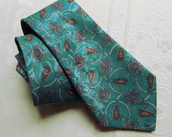 vintage Folkespeare paisley motif necktie, men's English designer tie, made in Britain, excellent condition, teal green turquoise color tie