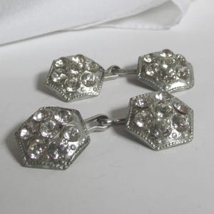 antique circa 1920 rhinestone button cuff links, silver tone faceted clear crystals, four leaf clover hallmark