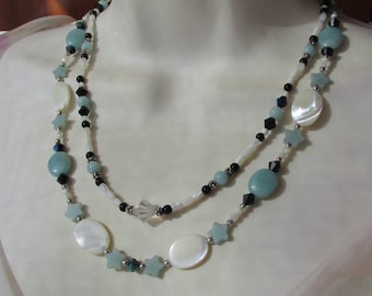 Art Deco style Amazonite Onyx Crystal Mother of Pearl necklace, Sterling Silver 925, natural gemstones two strand artisan statement necklace