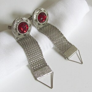 1960's faceted ruby Siam red crystal glass mesh wrap cufflinks, triangular open work design silver tone sleeve links