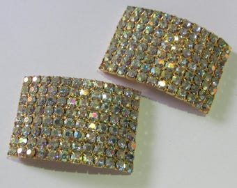 vintage 1950's Aurora Borealis rhinestone crystal shoe clips, gold tone rainbow wedding bridal decor, iridescent Art Deco Retro style