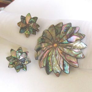 Könnte beinhalten: Ein Schmuckset bestehend aus einer großen runden Brosche und zwei kleineren passenden Ohrringen, gefertigt aus irisierenden Abalone-Muschelstücken, die in einem geschichteten, blütenblattartigen Blumenmuster mit grünen, rosa und violetten Tönen angeordnet sind.