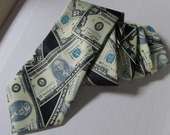 Cravate En Soie 100% René Chagal - Motif Dollars - Longueur Classique - Occasion