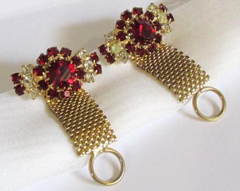 Non plus ultra 1960's 1970's rhinestone crystals mesh wrap cuff links, gold tone ruby red clear transparent, unique floral unisex