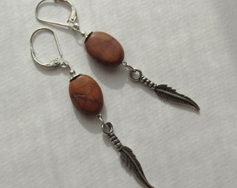 long silver picture Jasper feather charm earrings, brown rustic gemstones, artisan statement earrings, 925 Sterling Silver, bohemian dangles