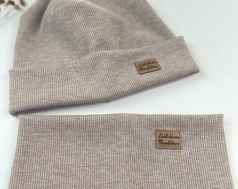 Hipster Beanie Set Baby Kind Mütze Rippjersey beige