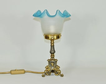 Unikat Greife Tischlampe Leuchte 26 cm klein Nachtlicht einmalig Jugendstil Messing Fabelwesen mystisch blau gold upcycling vintage