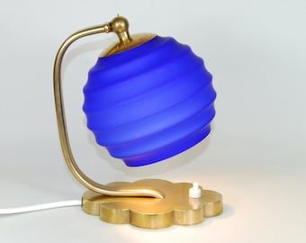 Unikat Tischlampe Leuchte 21 cm klein Nachtlicht Messing Glas Wolke gold blau silber einmalig vintage upcycling 60er Jahre 50er Jahre