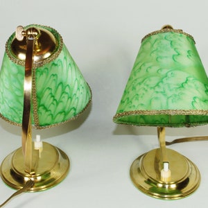 50er Jahre Tischlampen Paar Leuchten klein Nachtlicht Messing Tütenschirm gold grün fifties vintage Bild 4