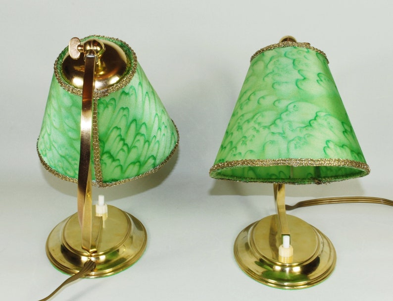 50er Jahre Tischlampen Paar Leuchten klein Nachtlicht Messing Tütenschirm gold grün fifties vintage Bild 4