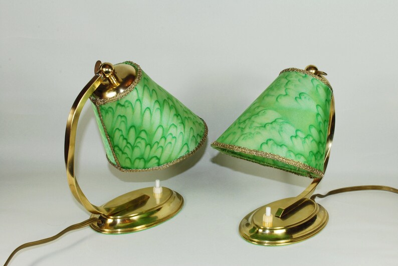 50er Jahre Tischlampen Paar Leuchten klein Nachtlicht Messing Tütenschirm gold grün fifties vintage Bild 1