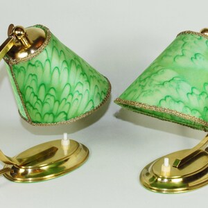 50er Jahre Tischlampen Paar Leuchten klein Nachtlicht Messing Tütenschirm gold grün fifties vintage Bild 3