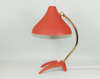 50s crow's foot table lamp light crackle lacquer metal brass red office desk fifties mid century stil novo upcycling vintage