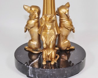 Unikat Dackel Tischlampe Leuchte 42 cm Jugendstil Hunde Figuren Tiere Metall Glas Perlen gold einmalig upcycling vintage