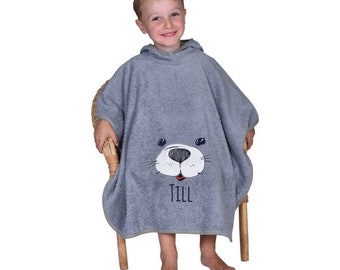 Poncho grau mit Kapuze Seehund-Motiv und Name bestickt Badeponcho Geschenk zur Geburt Geburtstag oder Taufe