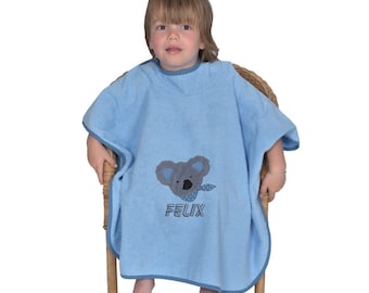 Bio Kinder Badeponcho mit Namen Koala Motiv blau bestickt mit Namen Poncho Geschenk zur Geburt Geburtstag oder Taufe