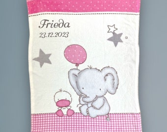 Kinderdecke mit Namen Elefant Ballon Ente Motiv 75x100cm - personalisierte Babydecke zur Geburt